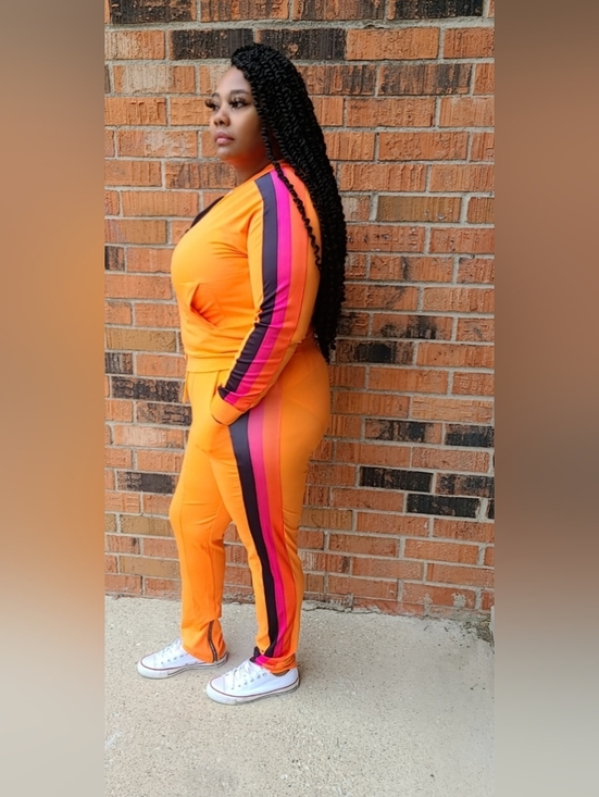 Pants - Women's Orange Two-Piece Track Set with Pink & Black Stripe
